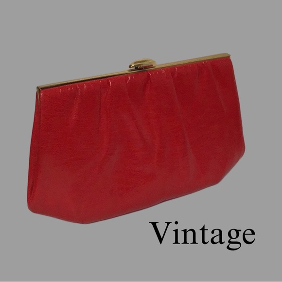 Unknown Handbags - Vintage Red Textured Leather Shoulder Bag Clutch with Top Clasp and Chain Strap